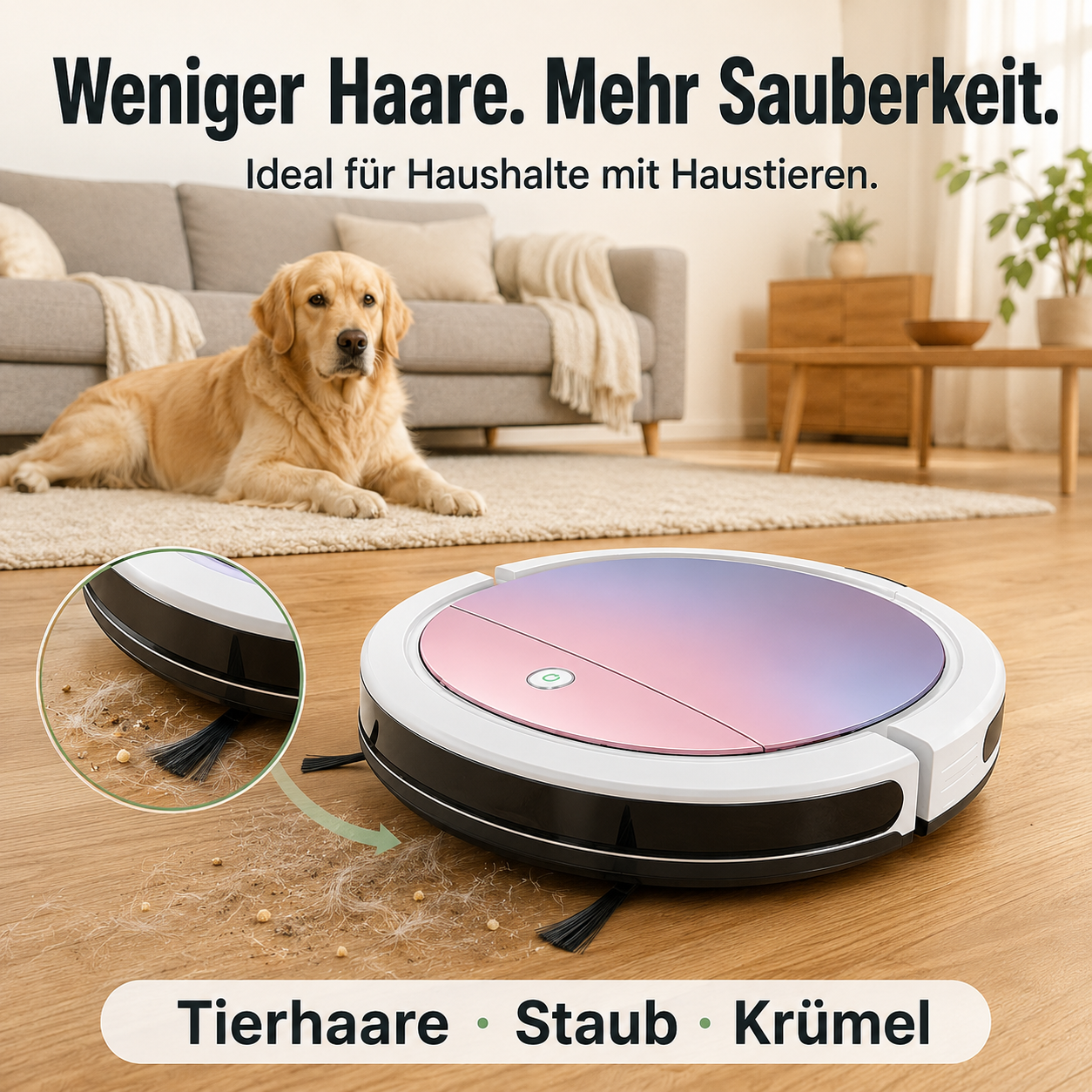 Ultraflacher 3-in-1 Saugroboter für Haare, Staub und Krümel