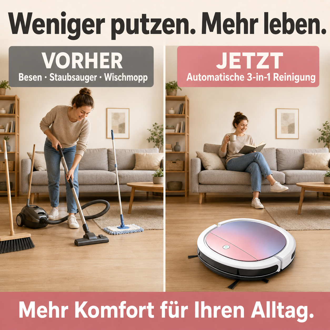 Ultraflacher 3-in-1 Saugroboter für Haare, Staub und Krümel