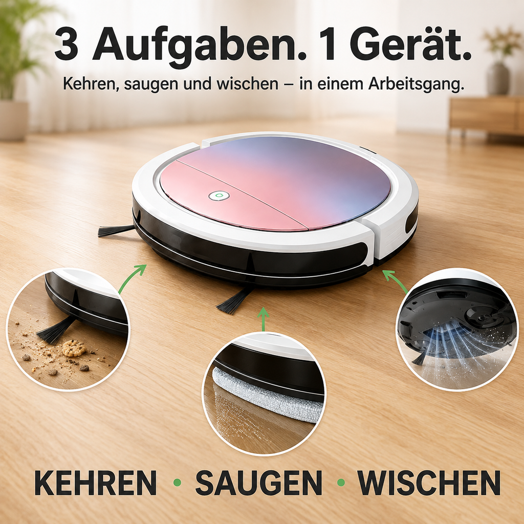 Ultraflacher 3-in-1 Saugroboter für Haare, Staub und Krümel